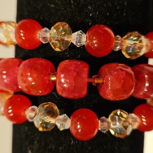 3 Red & Goldtone Butterfly Glass & Crystal Beaded Stretch Bracelet Set